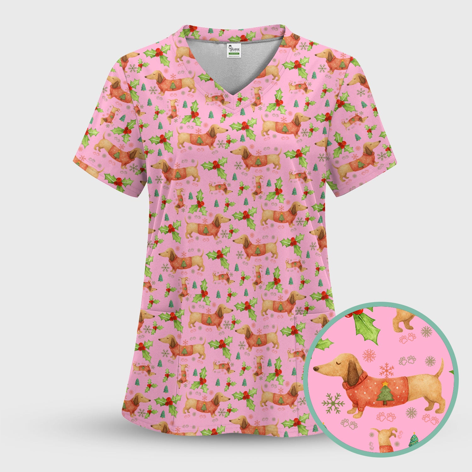 Cute Dachshund Christmas Scrub - Funny Sausage Dog Wiener Puppy Holiday Nurse Shirt - Xmas Medical Uniform Gift for RN CNA LPN
