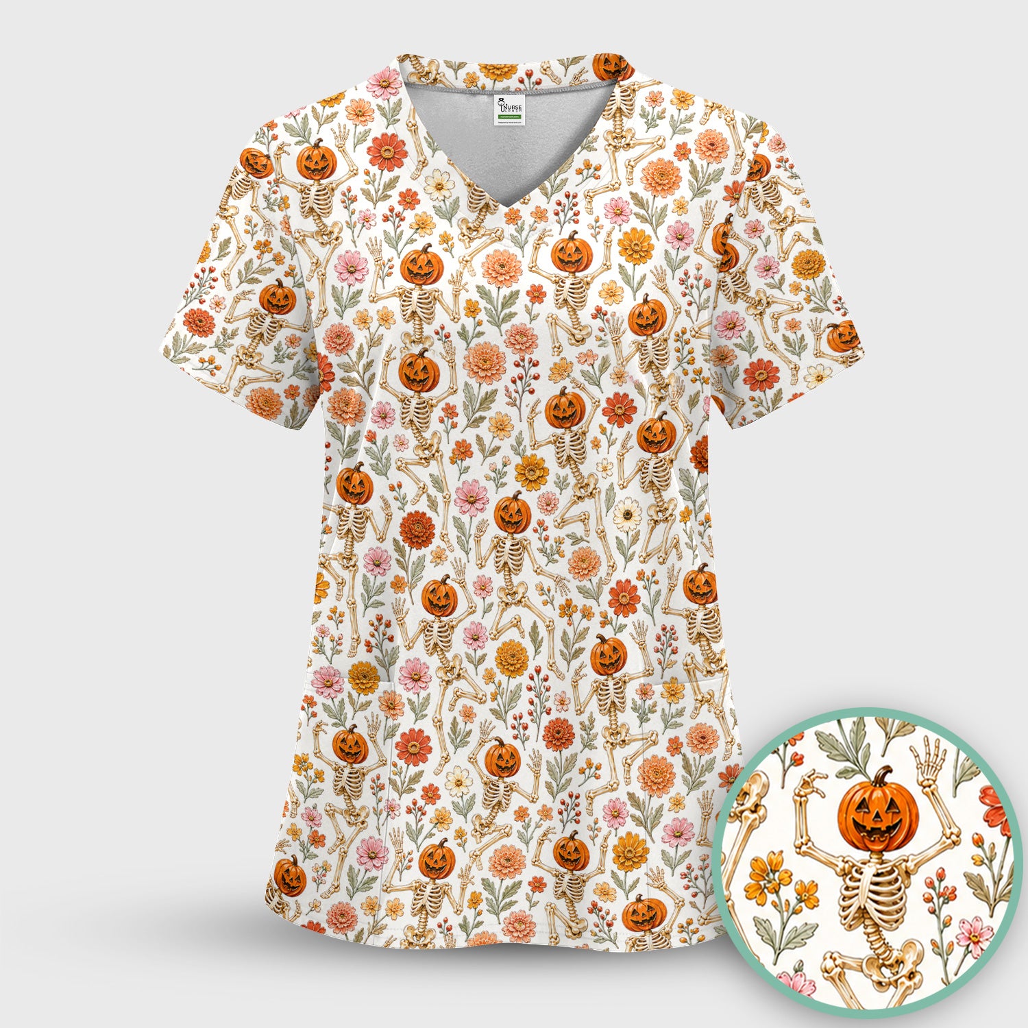 Halloween Pumpkin Skeleton Floral Scrub Top, Comfortable Scrubs for Nurses