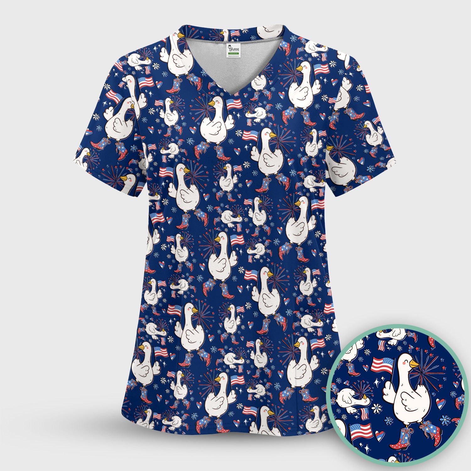 Patriotic Goose With USA Flag Fireworks Scrub Set, Breathable Fabrics Nursing Uniform