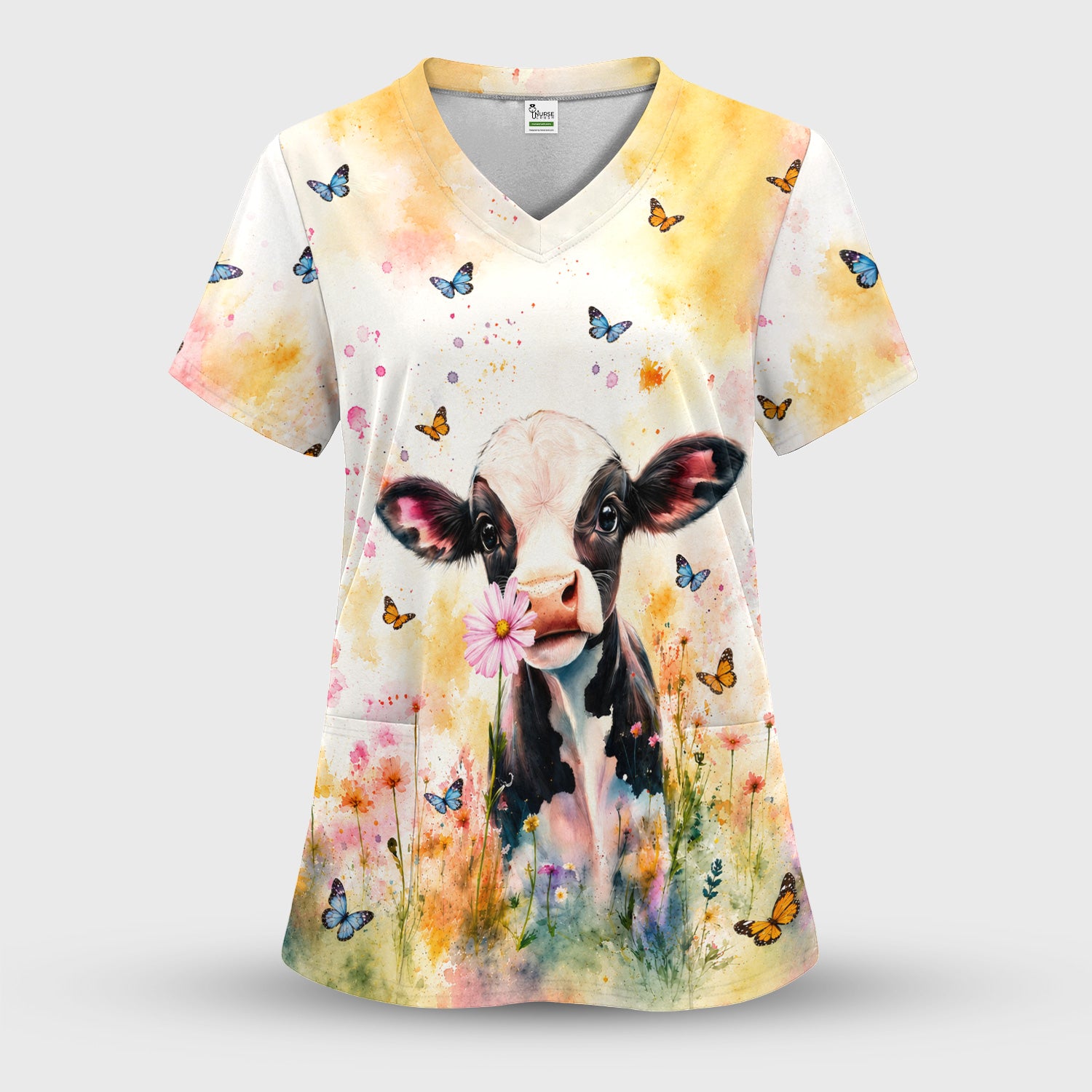 Cute Butterfly Baby Cow Pattern Scrub Top, Comfortable Scrubs for Nurses