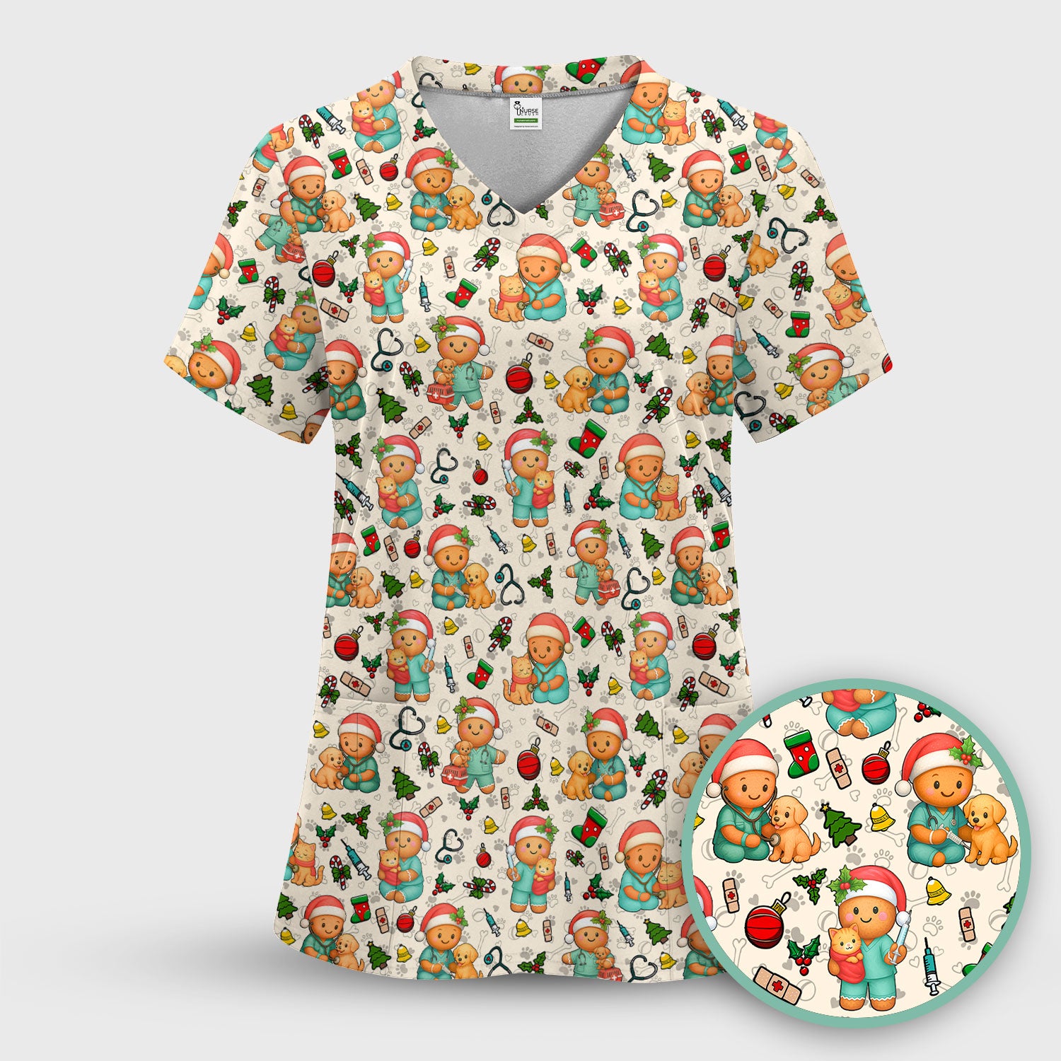 Cute Pharmacy Christmas Scrub Top – Funny Gingerbread Nurse Print Shirt – Festive Holiday Medical Uniform for Pharmacy Tech and Doctor