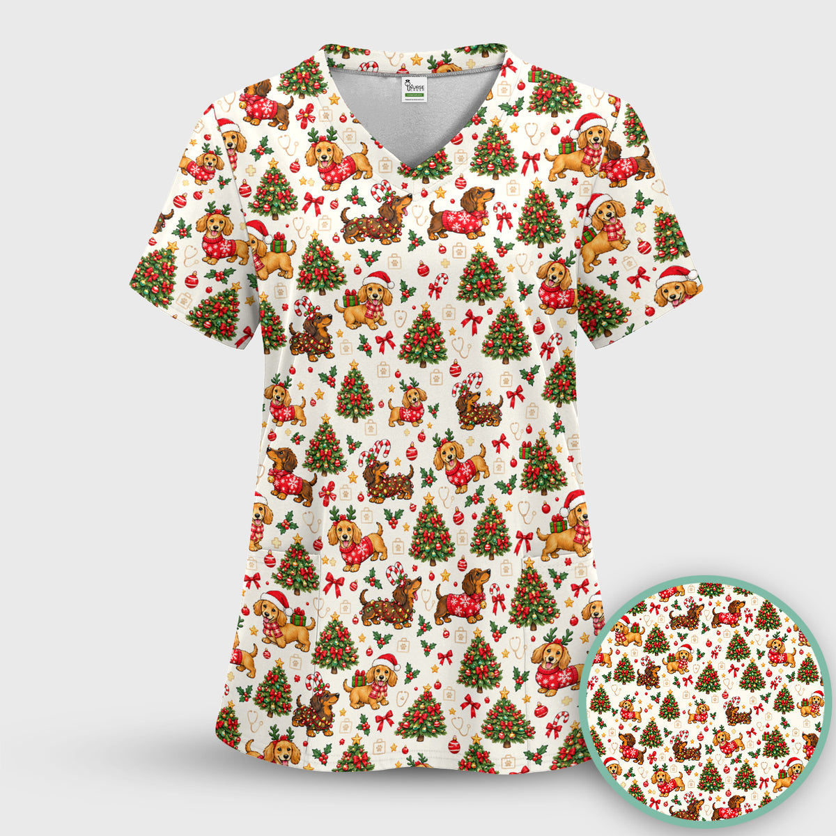 Cute Christmas Dachshund And Tree Pattern Scrub Top, Comfortable Scrubs for Nurses