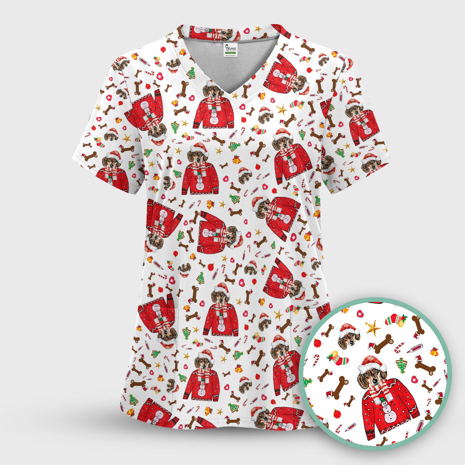 Funny Dog Christmas Scrub Top – Cute Puppy in Santa Outfit Pattern – Festive Holiday Medical Uniform For Nurses And Pet Lovers