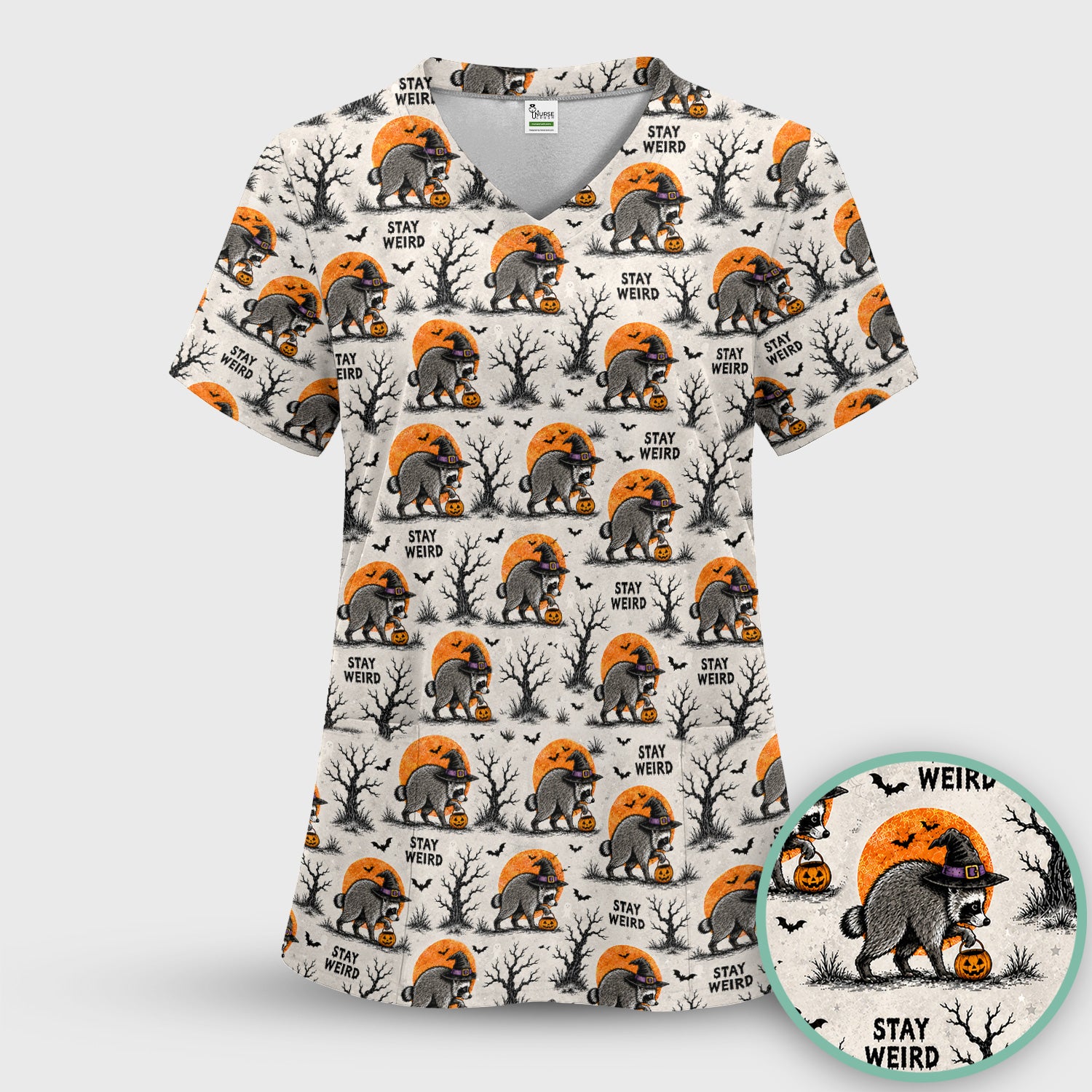Funny Stay Weird Halloween Raccoon Scrub Top, Comfortable Scrubs for Nurses