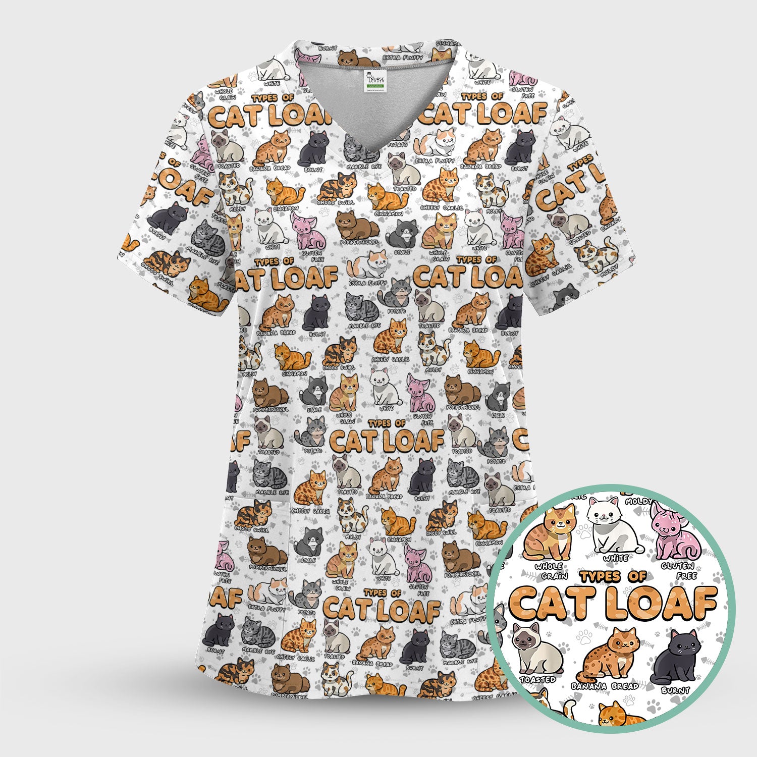 Cute Cat Scrub Top for Women - Funny Cat Loaf Print Nurse Shirt - Cat Lover Medical Uniform RN LPN CNA Gift