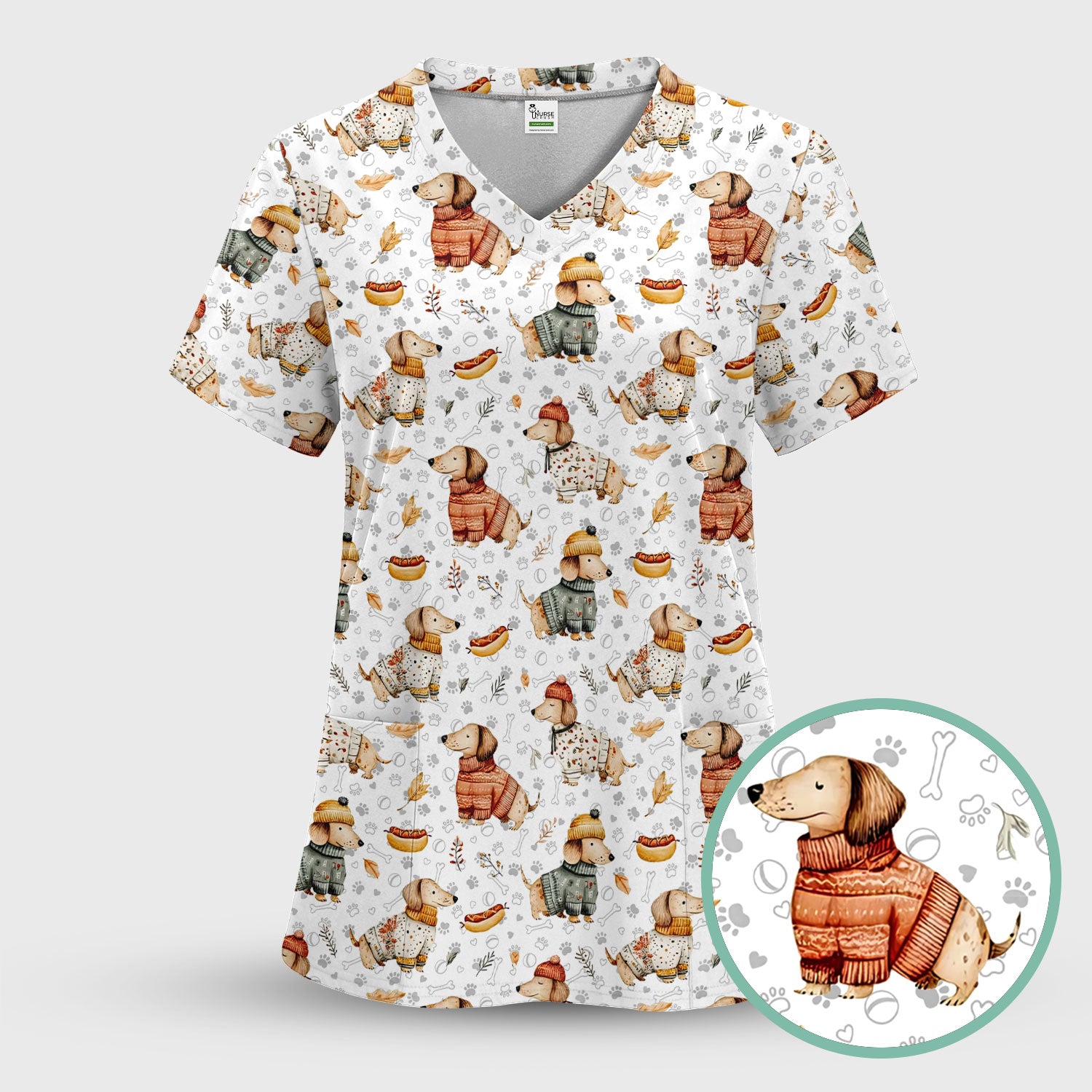 Fall Wiener Dog Nurse Scrub Top - Cozy Sausage Dog Autumn Medical Shirt for Women RN CNA LPN - Thanksgiving Gift