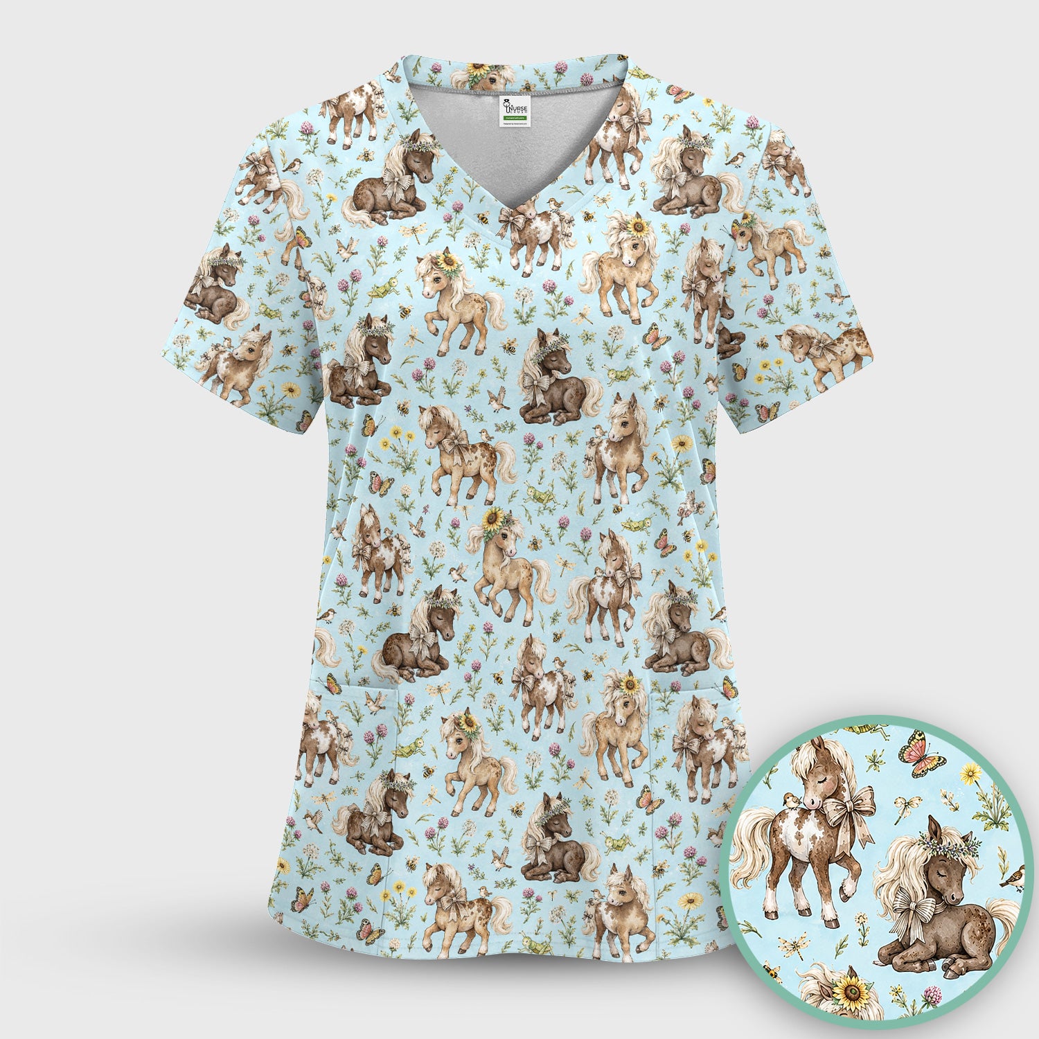 Cute Pony Garden with Butterfly Floral Meadow Print Scrub Top, Comfortable Scrubs for Nurses
