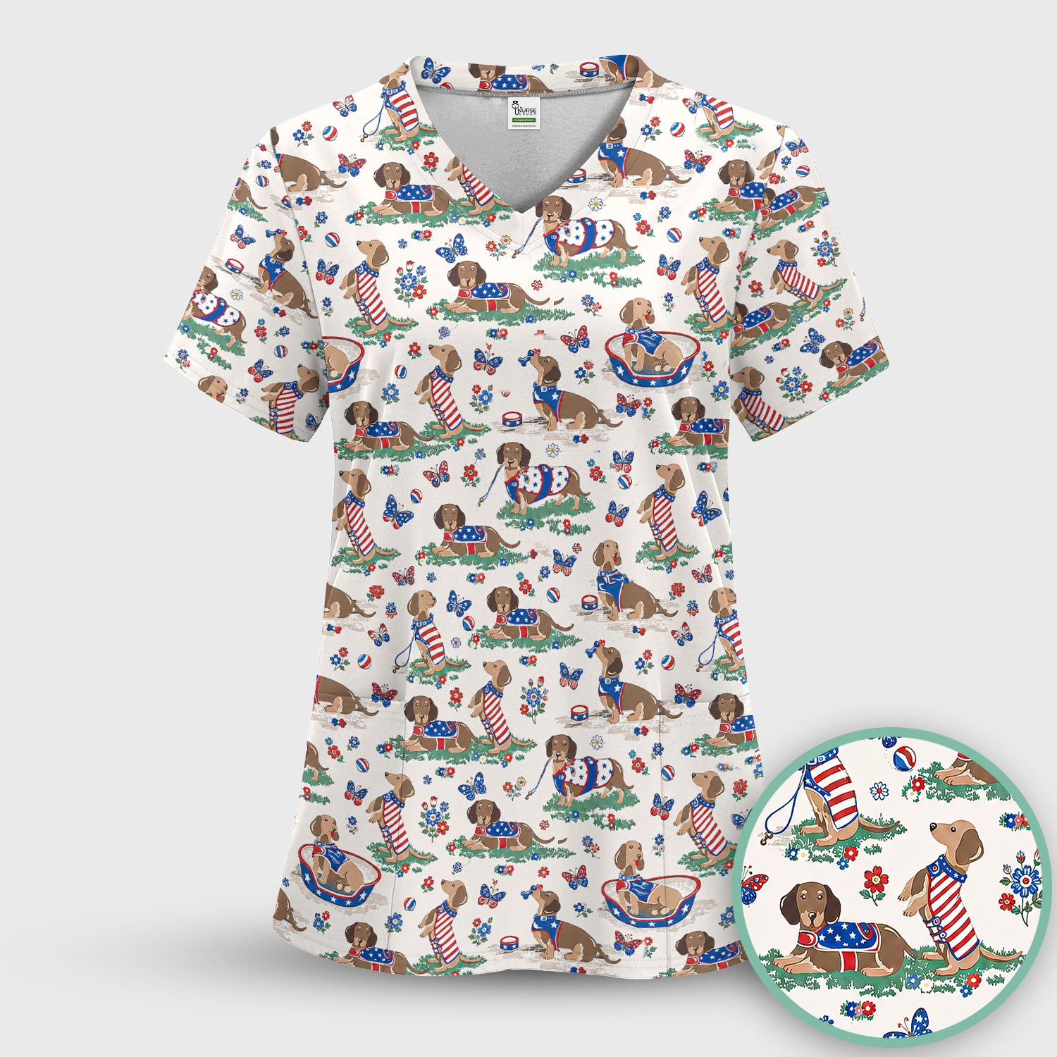 Patriotic Dachshund Garden Party Pattern Scrub Top, Comfortable Scrubs for Nurses