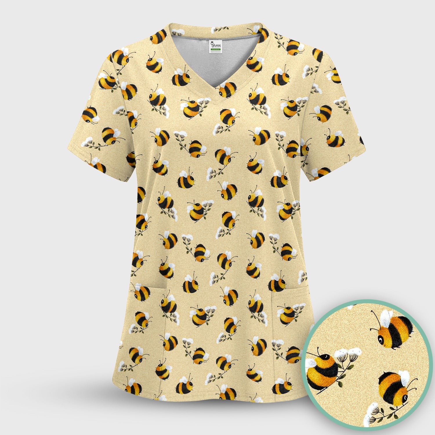 Cute Bumble Bee Blossom Pattern Scrub Set, Scrub Pants and V Neck Top