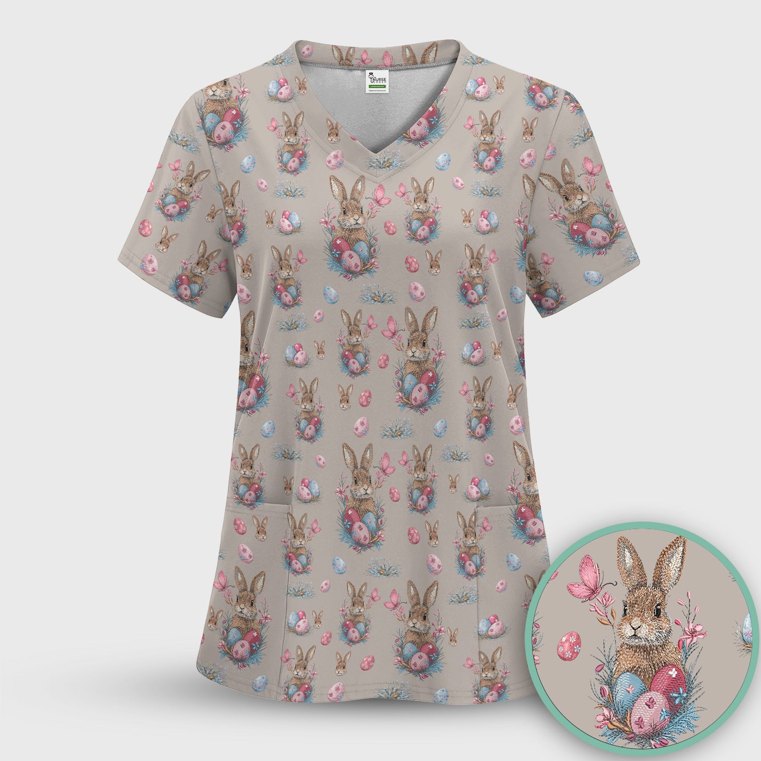 Pastel Easter Bunny Nest Pattern Scrub Top, Comfortable Scrubs for Nurses