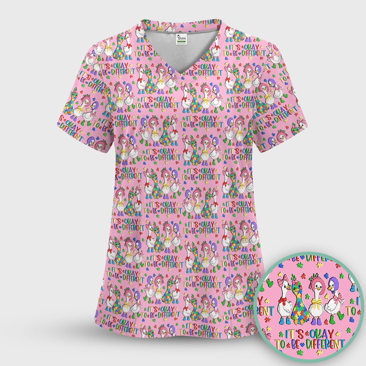 It’s Okay To Be Different Duck Pattern Scrub Top, Comfortable Scrubs For Nurses