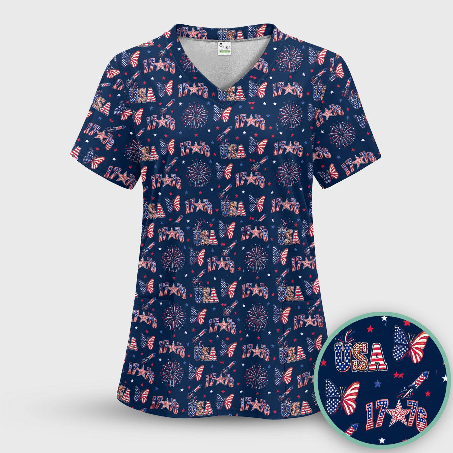 USA Fireworks Butterfly Pattern Scrub Set, Scrub Pants and V Neck Top