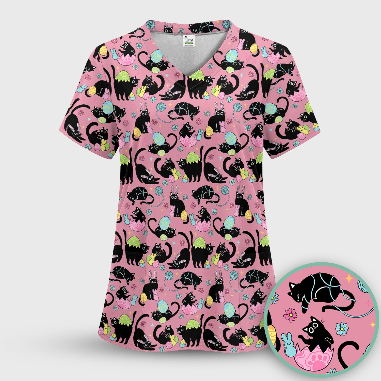 Funny Easter Black Cat Egg Pattern Scrub Top, Breathable Fabrics Nursing Uniform
