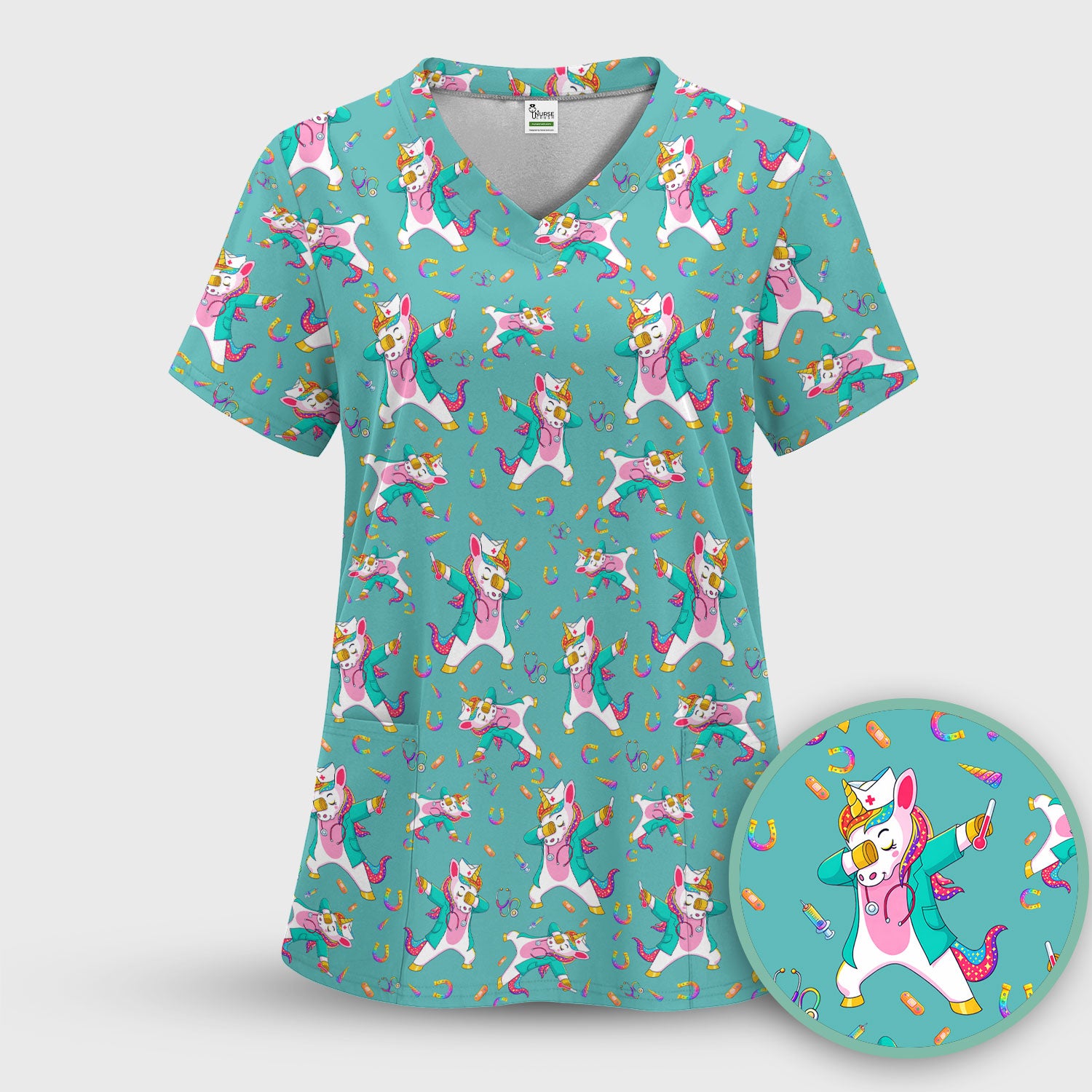 Cute Unicorn Nurse Dance Pattern Scrub Top, Breathable Fabrics Nursing Uniform
