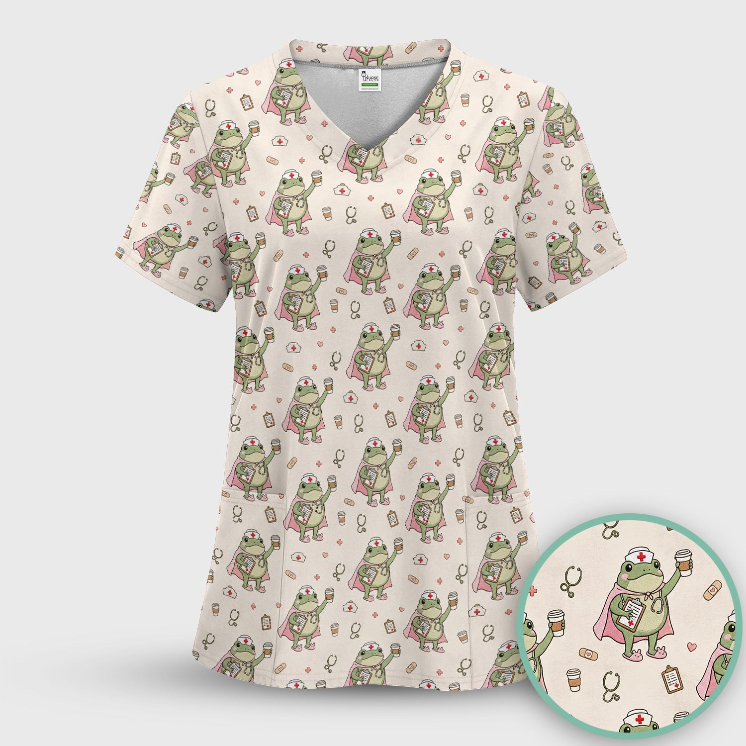 Cute Super Nurse Frog Pattern Scrub Top, Comfortable Scrubs for Nurses