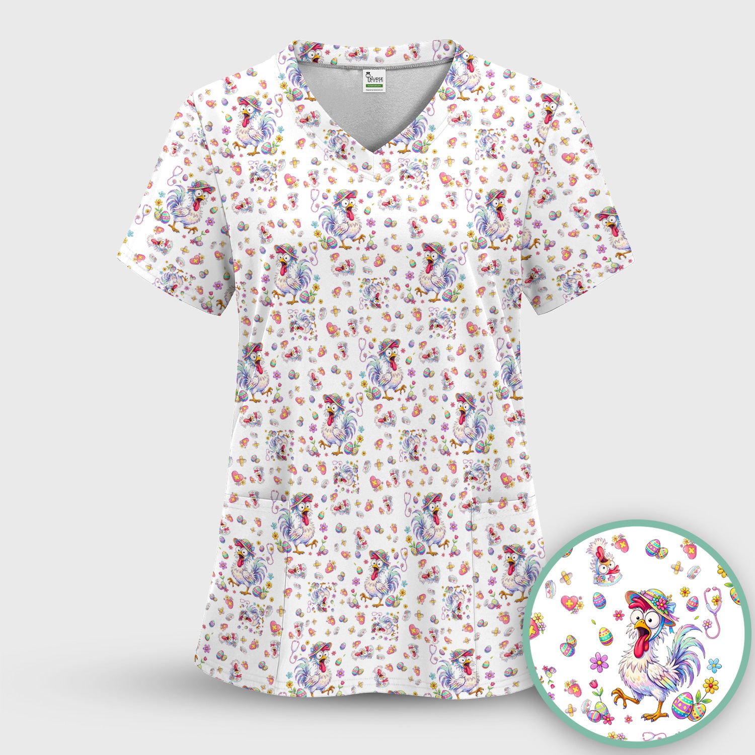 Funny Easter Nurse Chicken Pattern Scrub Top, Comfortable Scrubs for Nurses