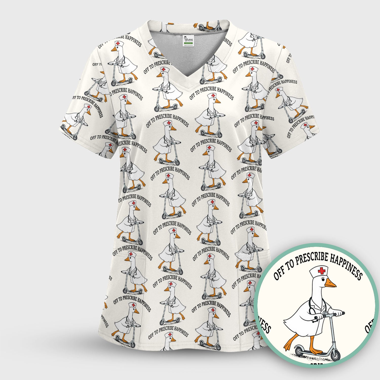 Nurse Goose Scooter Print Scrub Top, Breathable Fabrics Nursing Uniform