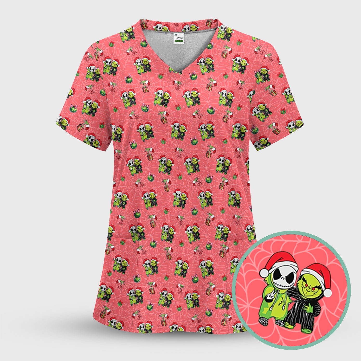 Festive Grinch Halloween Scrub Top - Merry Grinchmas Holiday Shirt for Nurses - Funny Christmas Gift for RN LPN CNA