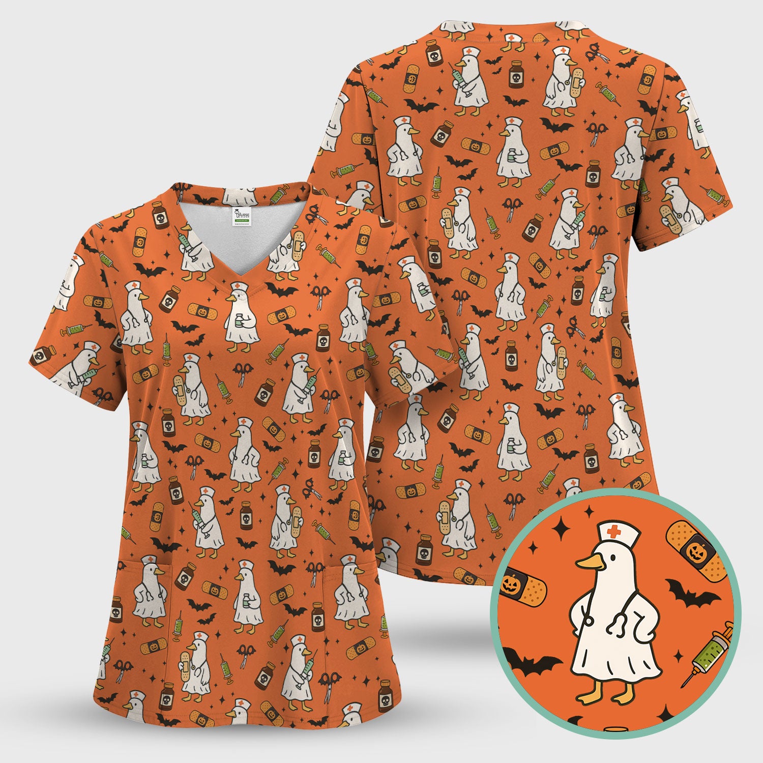 Goose Halloween Nurse Scrub Set - Quirky Duck Medical Pattern - Funny Spooky Nursing Outfit Gift for Women RN LPN CNA