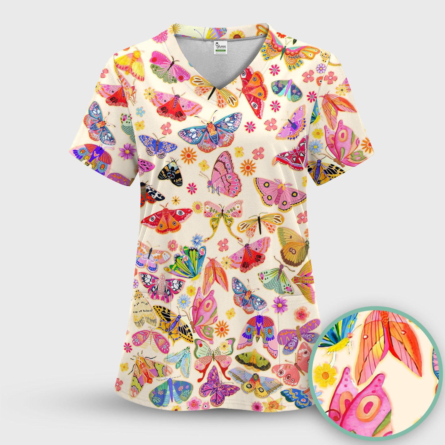 Colorful Butterfly Floral Pattern Scrub Top, Comfortable Scrubs for Nurses