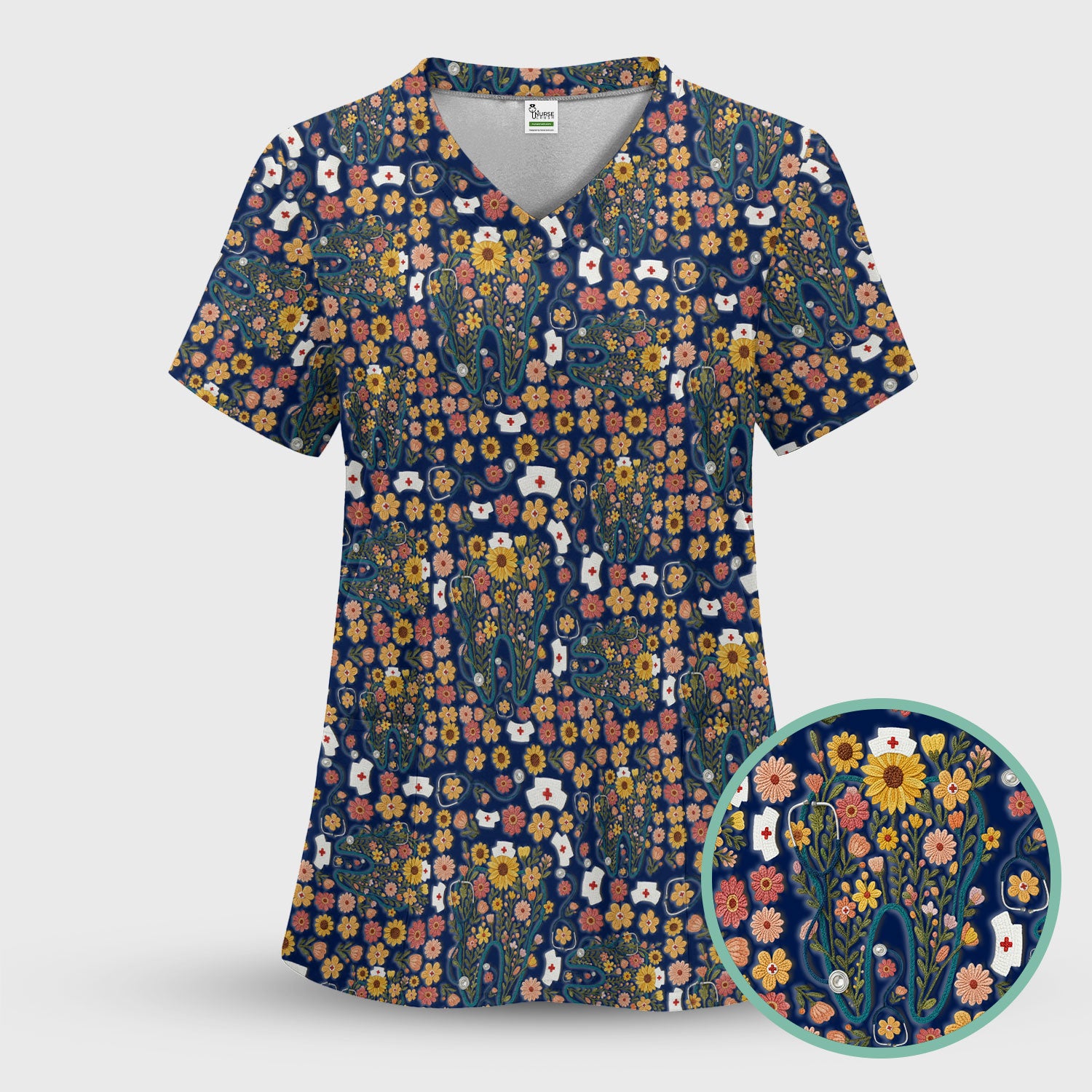 Boho Floral Tooth Scrub Top - Aesthetic Dental Scrubs for Women - Cute Flower Tooth Pattern Medical Uniform - Hygienist Christmas Gift