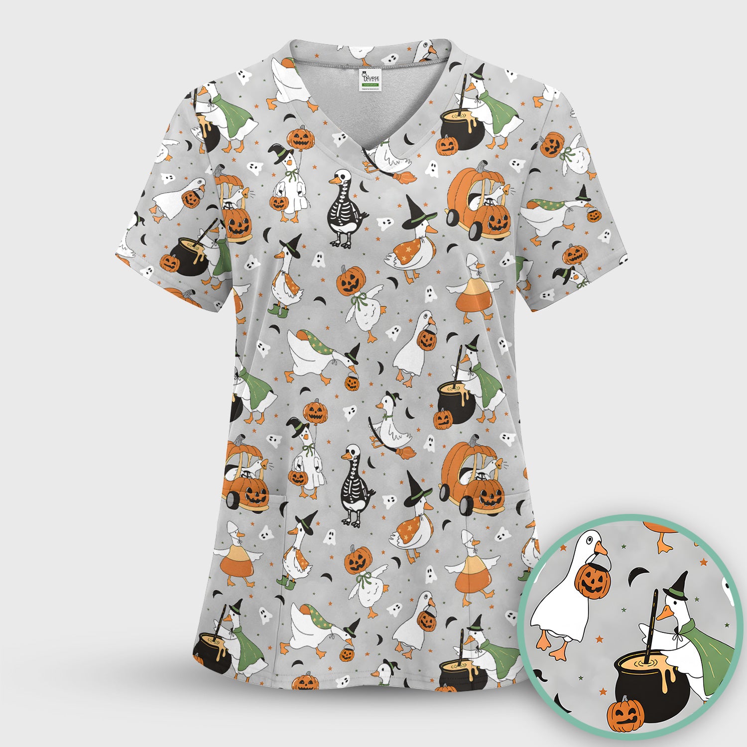Goose with Pumpkin Checkered Print Scrub Top, Comfortable Scrubs for Nurses