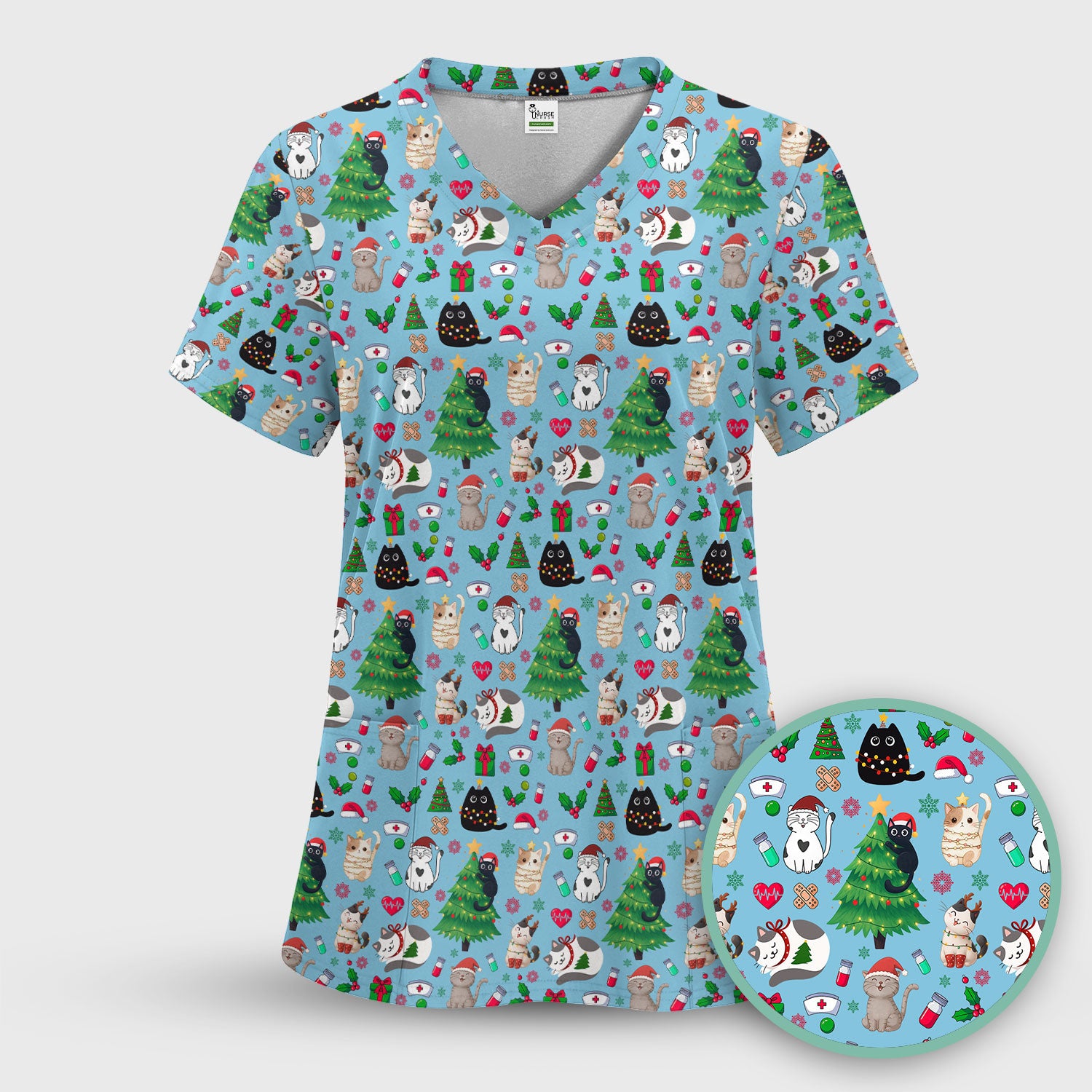 Christmas Cat Scrub Top, Xmas Pet Pattern Scrub Shirt, Breathable Fabrics Nursing Uniform