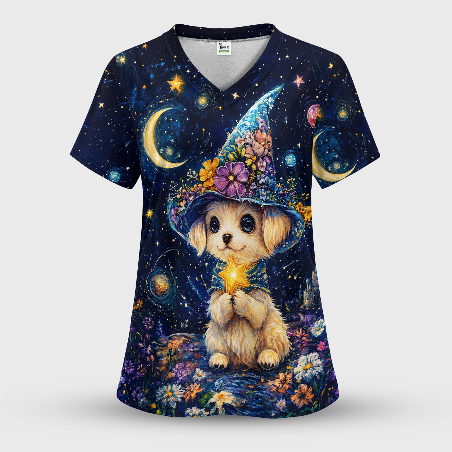 Cute Puppy Wizard Nurse Pattern Scrub Top, Comfortable Scrubs for Nurses