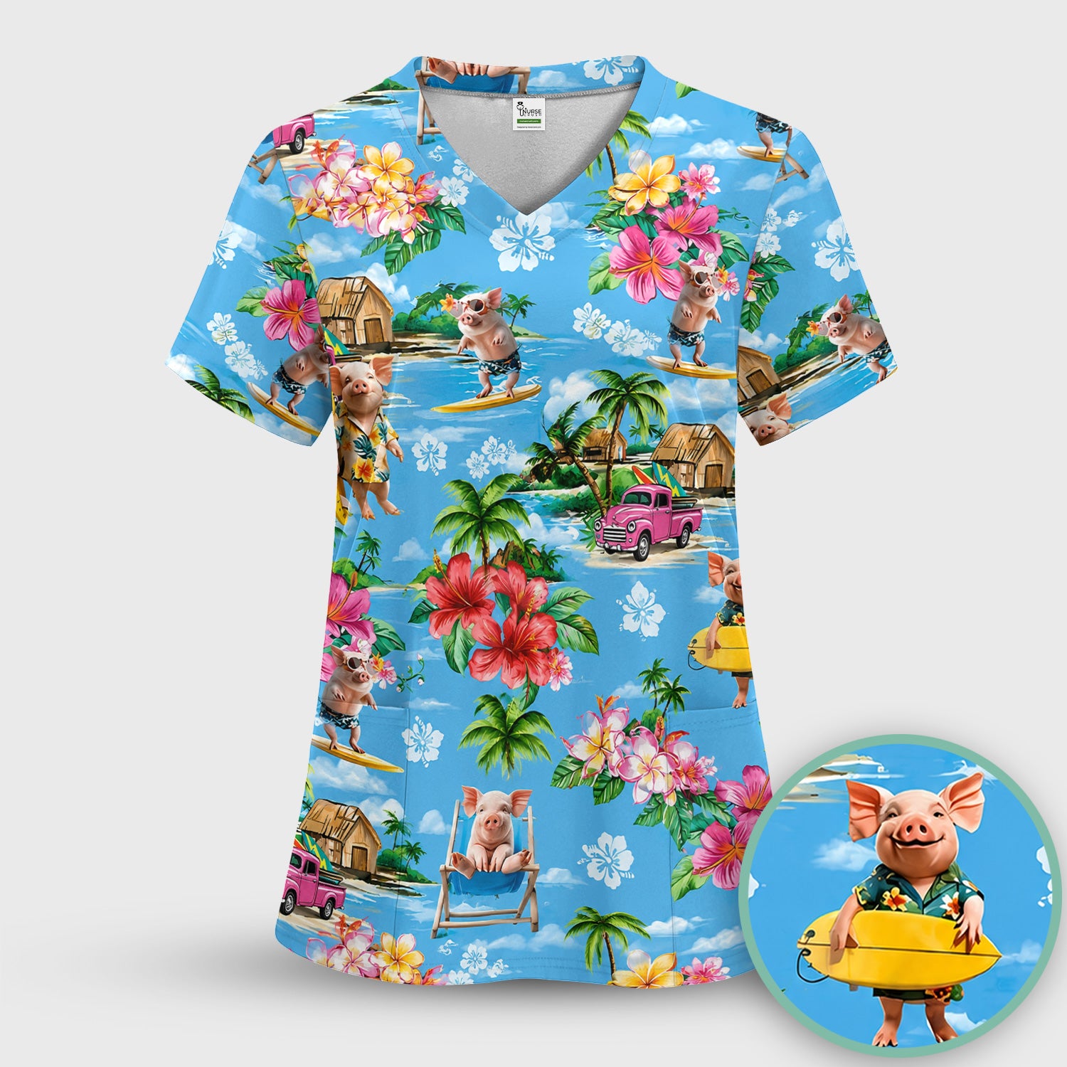 Tropical Surfing Pig Beach Pattern Scrub Set, Scrub Pants and V Neck Top