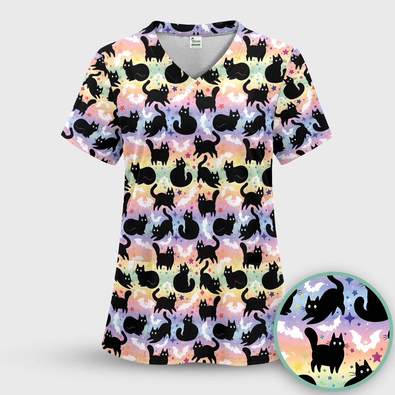 Pastel Star Black Cat Pattern Scrub Set, Scrub Pants and V Neck Top