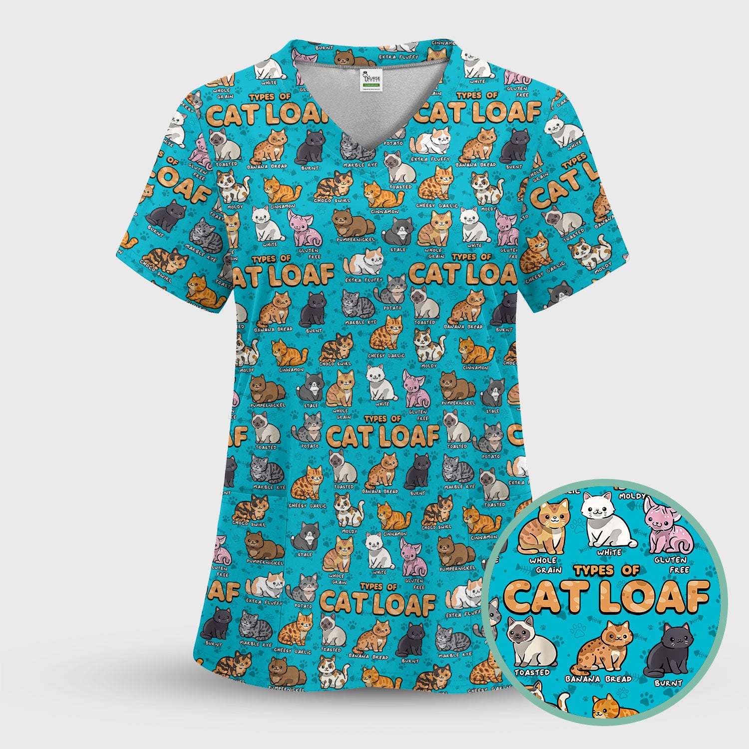 Cute Cat Scrub Top for Women - Funny Cat Loaf Print Nurse Shirt - Cat Lover Medical Uniform RN LPN CNA Gift