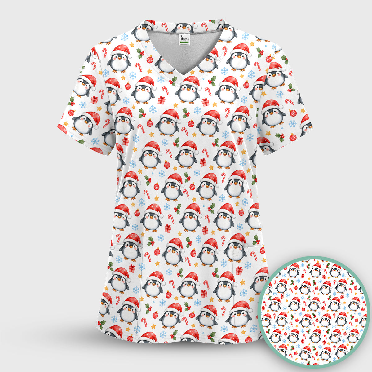 Christmas Penguins In Santa Hats Scrub Top, Comfortable Scrubs for Nurses
