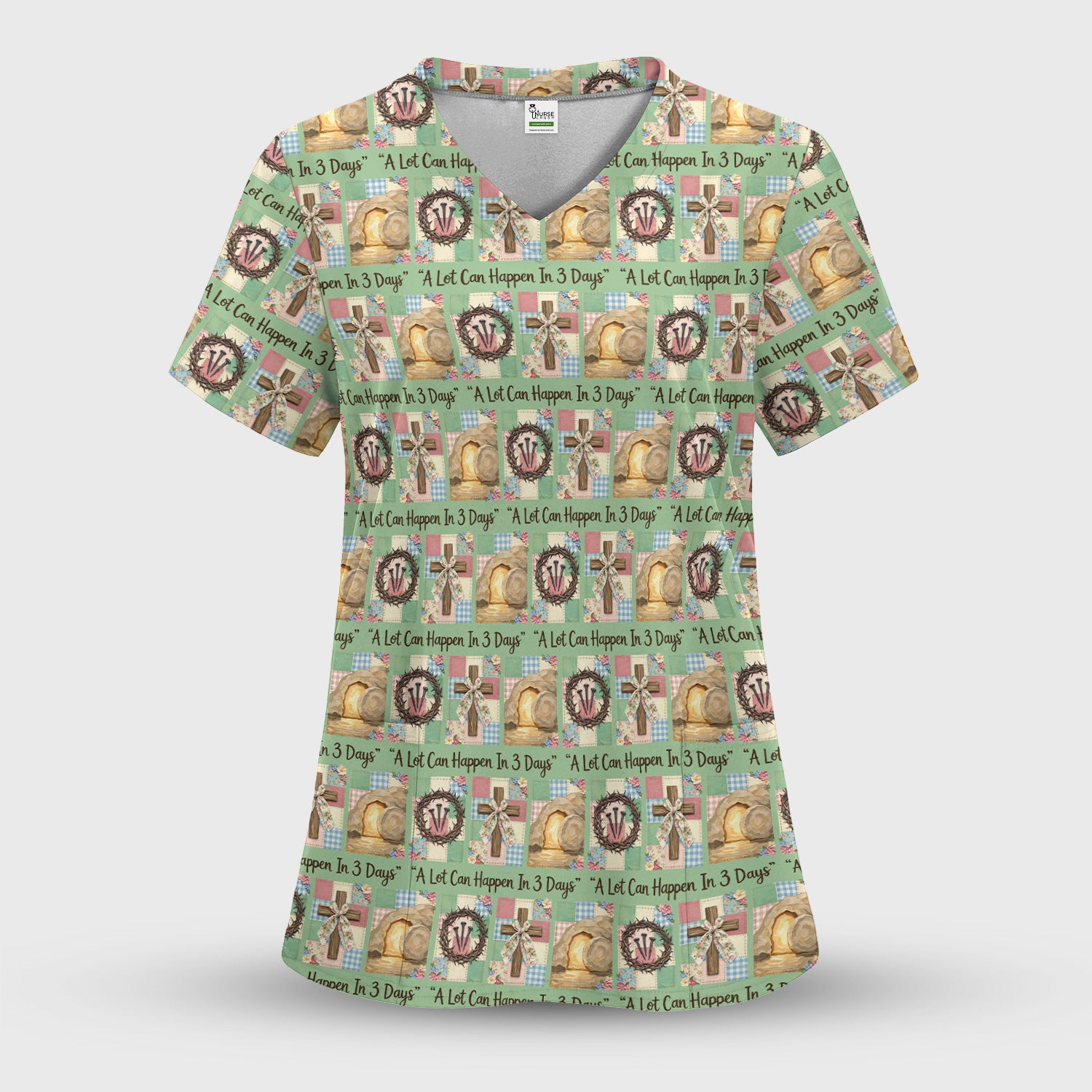 Christian Easter Cross Print Scrub Top, Breathable Fabrics Nursing Uniform