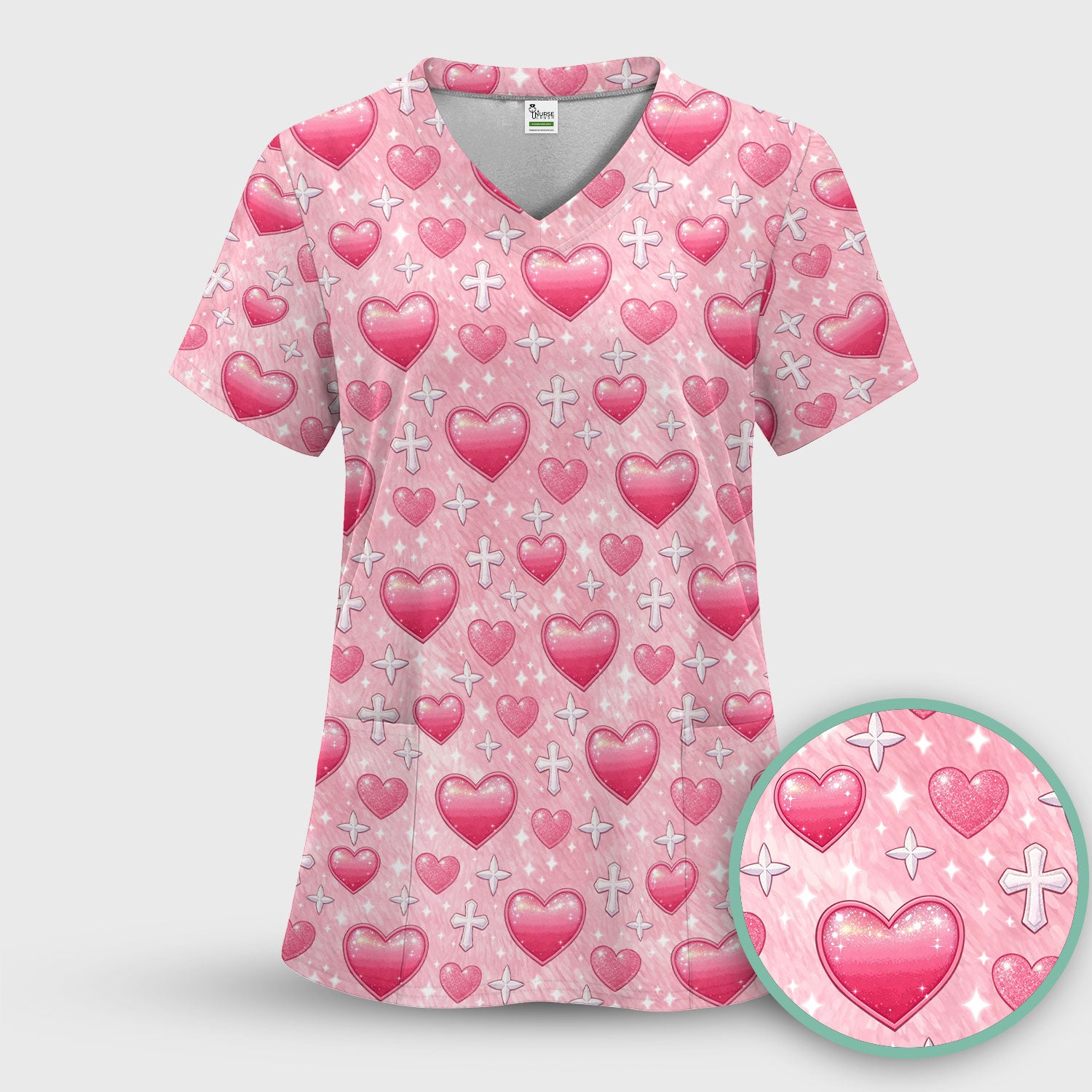 Pink Heart & Cross Pattern Scrub Top, Comfortable Scrubs for Nurses Uniform, Valentine's Day gift