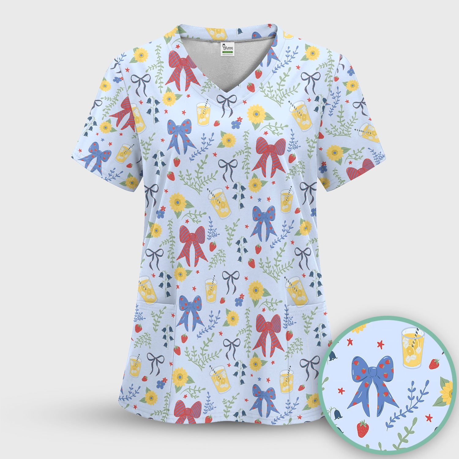 Sweet Summer Bow Nurse, Lemonade Floral Medical Scrub Top, Comfortable Scrubs for Nurses