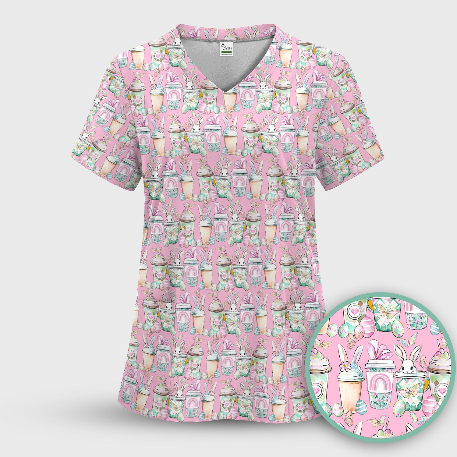 Cute Easter Bunny Coffee Cup Pattern Scrub Sets, Scrub Pants and V Neck Top