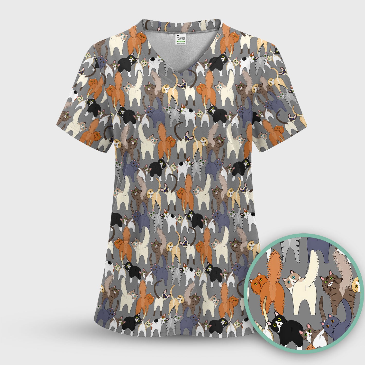 Whimsical Multicolor Cat Cartoon Pattern Scrub Top, Comfortable Scrubs for Nurses