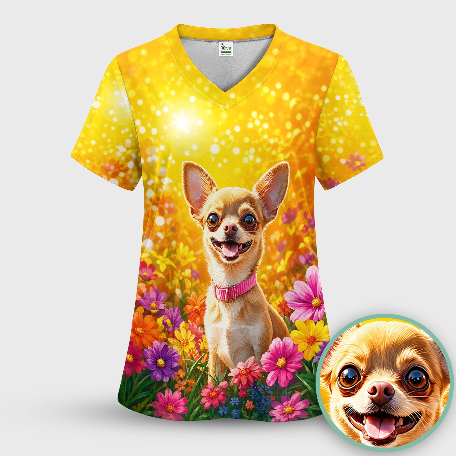 Cute Chihuahua Flower Meadow Pattern Scrub Top, Comfortable Scrubs for Nurses