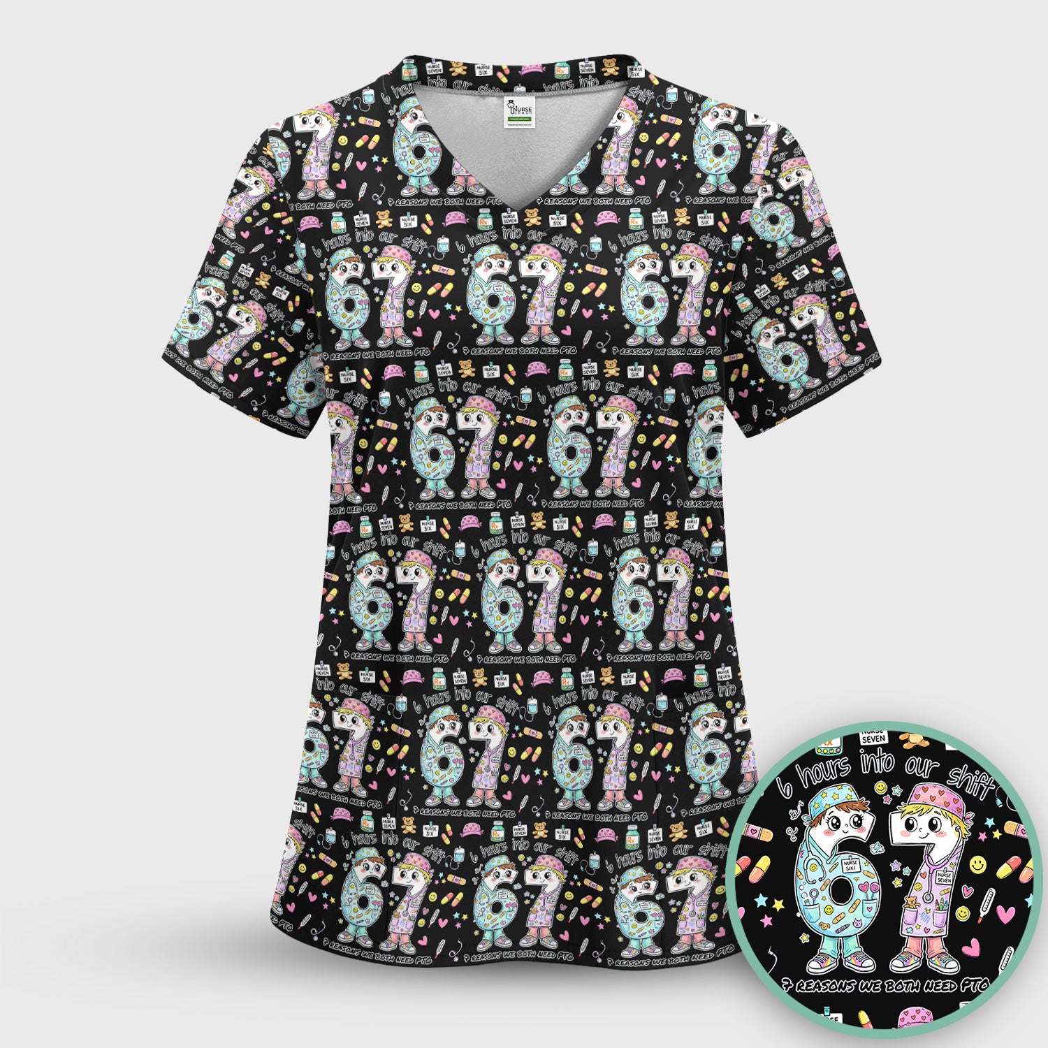 Cartoon Characters Six Hours Into Shift With Medical Doodle Scrub Set, Breathable Med Uniform
