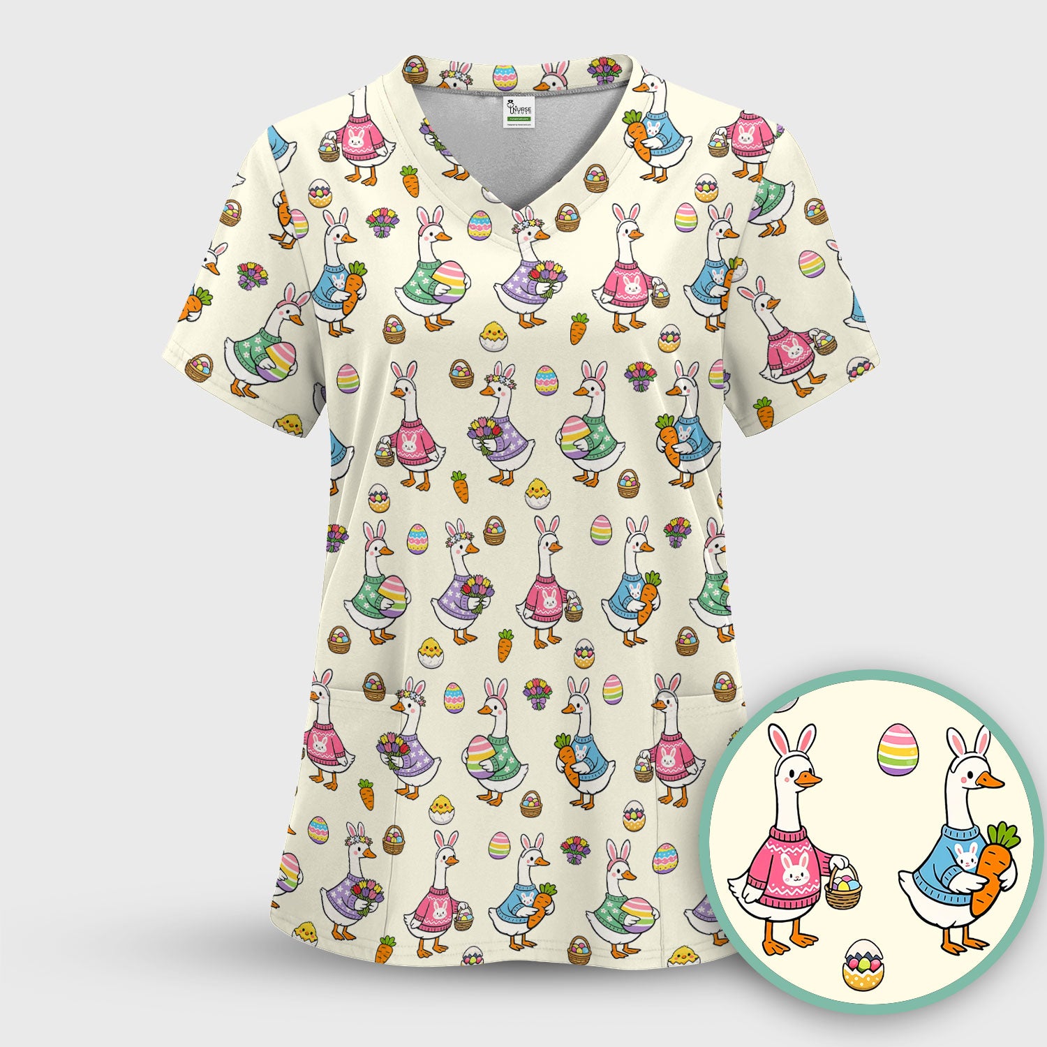 Cute Easter Goose Pattern Scrub Top, Breathable Fabrics Nursing Uniform