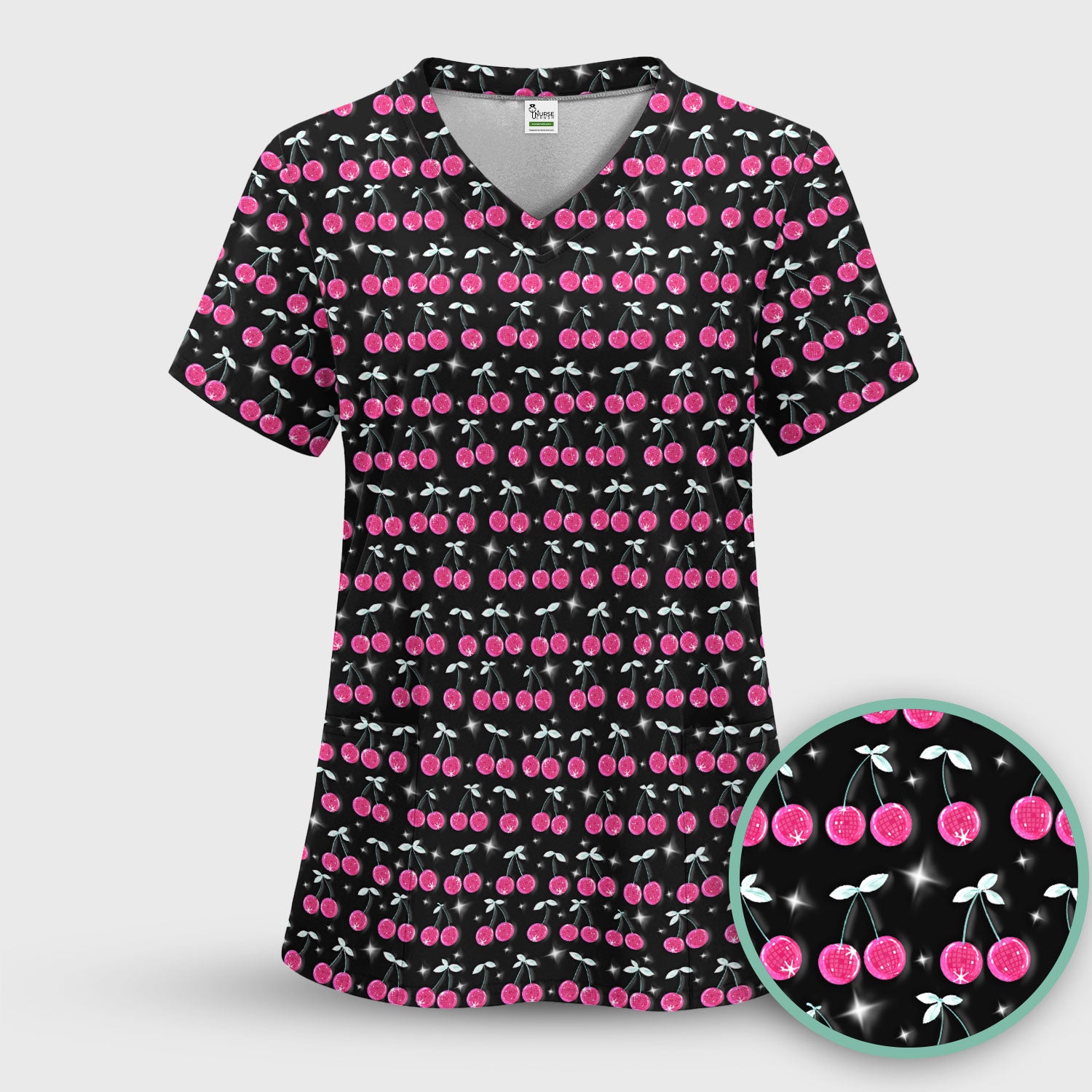 Pink Cherry Sparkle Print Scrub Top, Comfortable Scrubs for Nurses