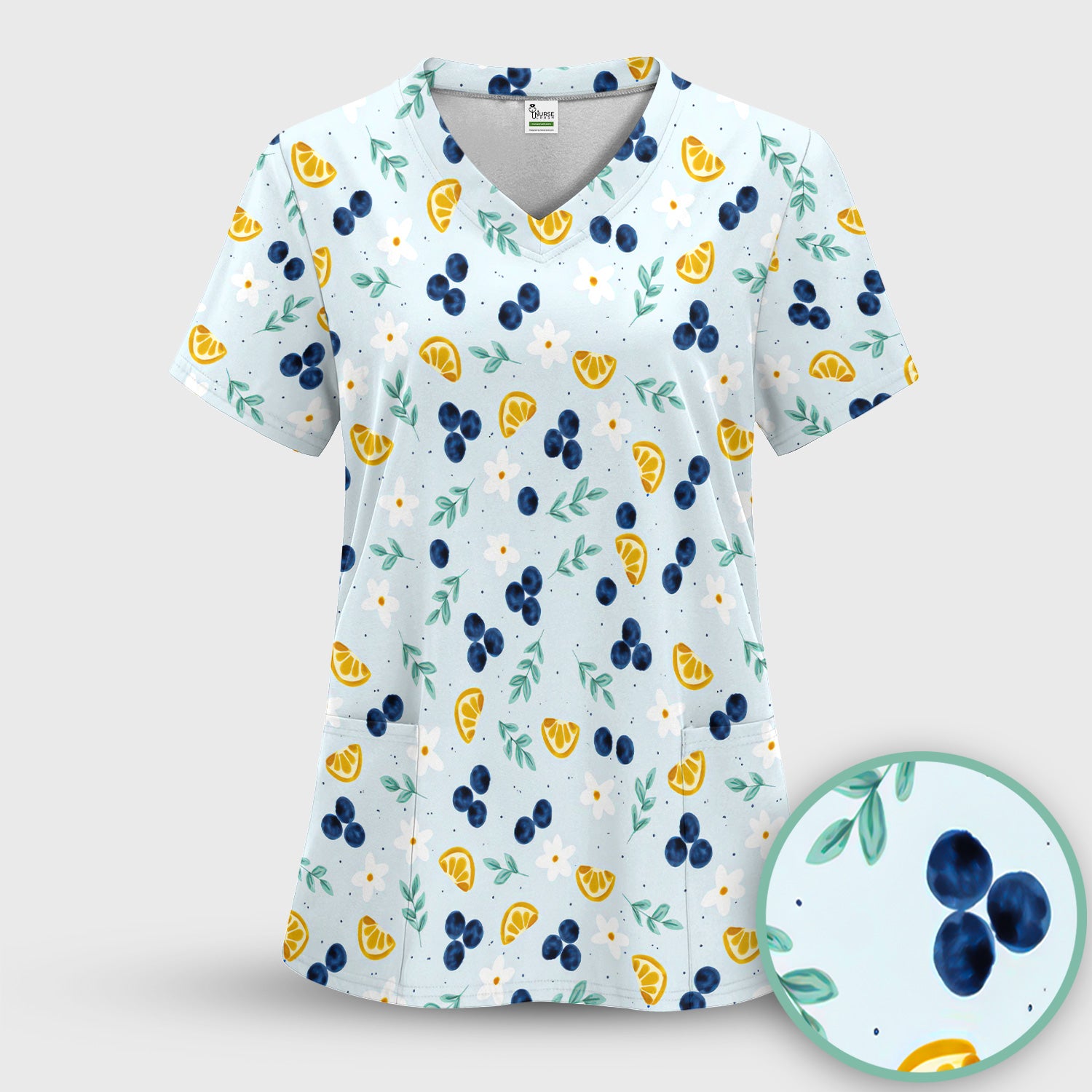 Blueberry Lemon Daisy Pattern Scrubs Sets, Scrub Pants and V Neck Top