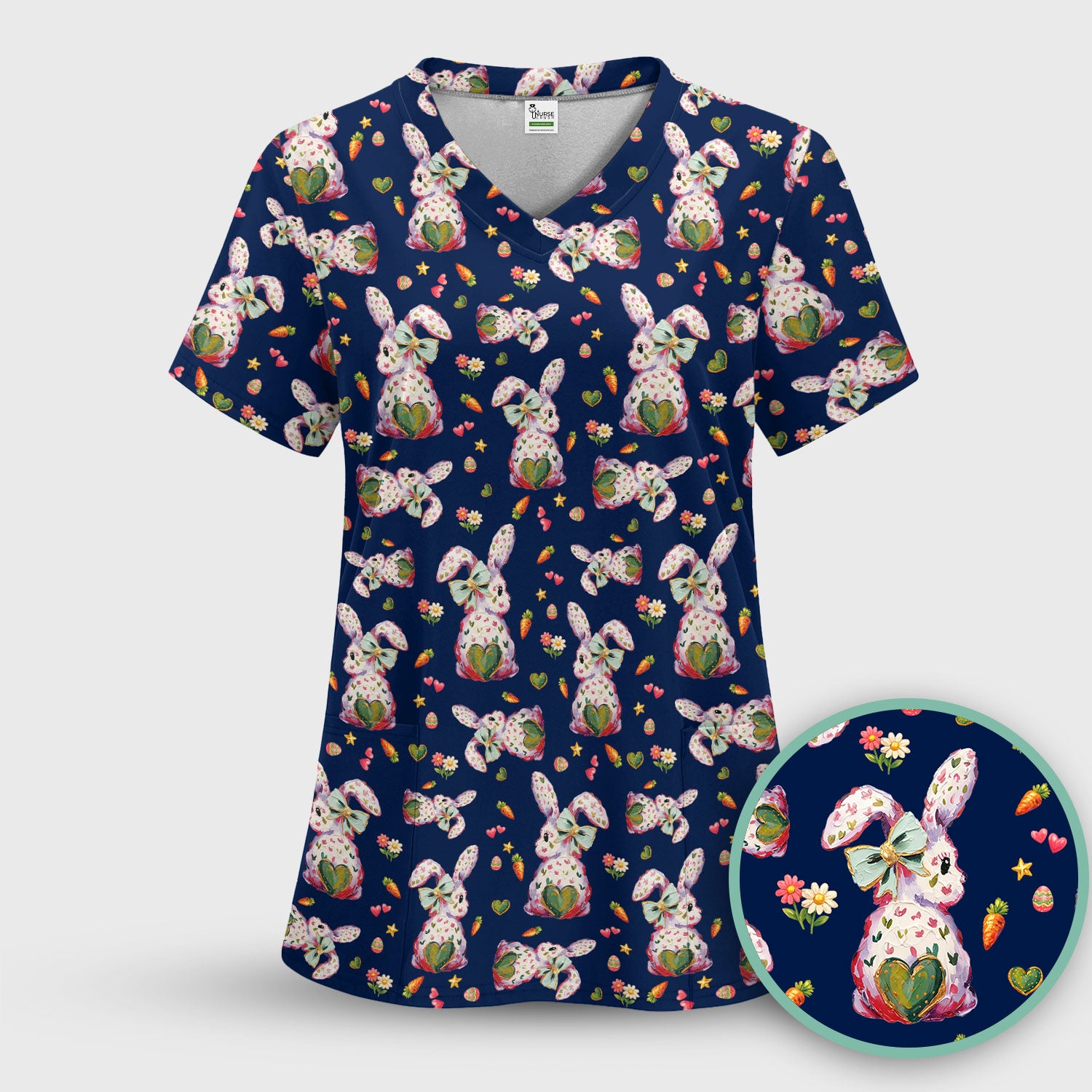 Cute Pastel Bunny Easter Pattern Scrub Top, Comfortable Scrubs for Nurses