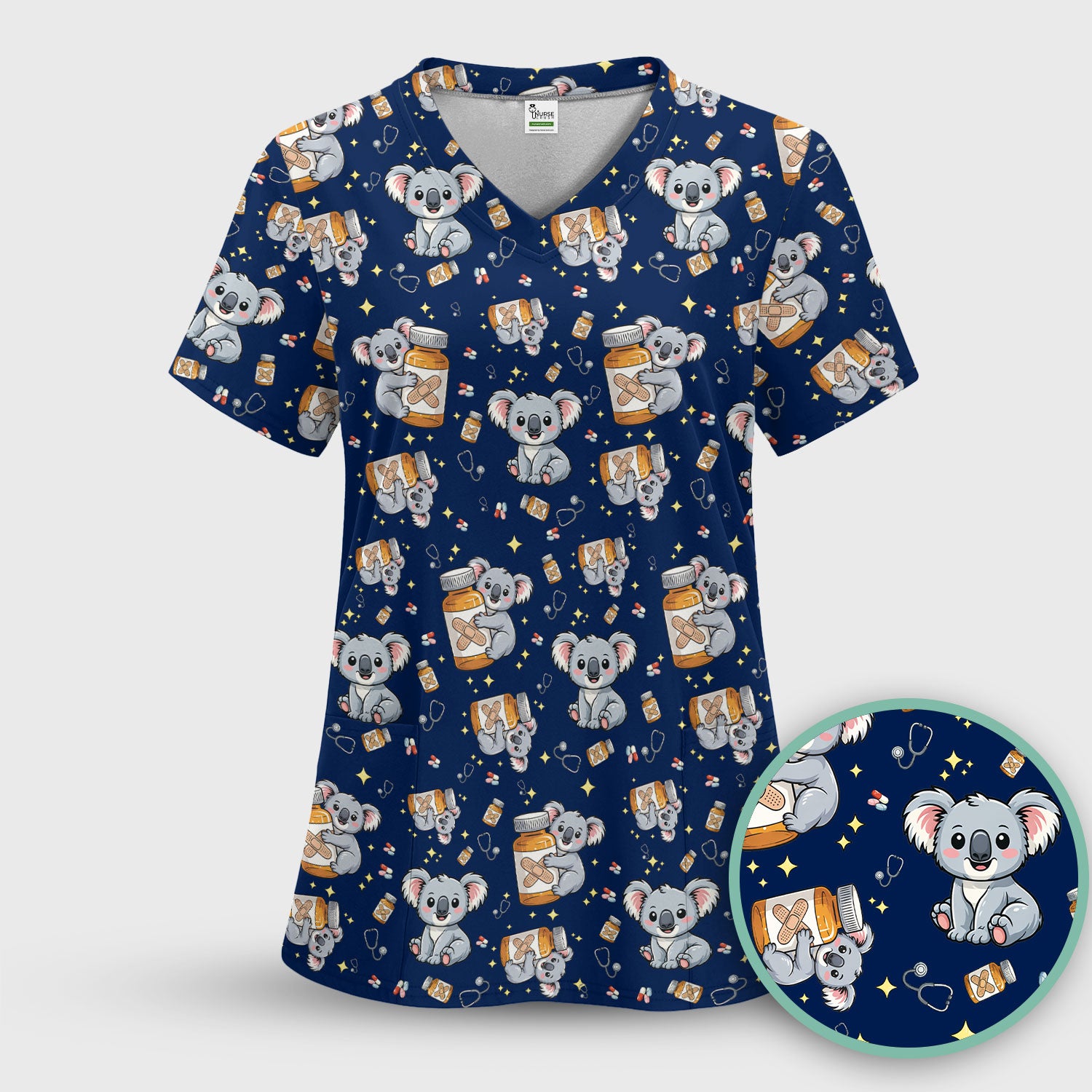 Cute Koala Nurse Bandage Medicine Print Scrub Top, Comfortable Scrubs for Nurses
