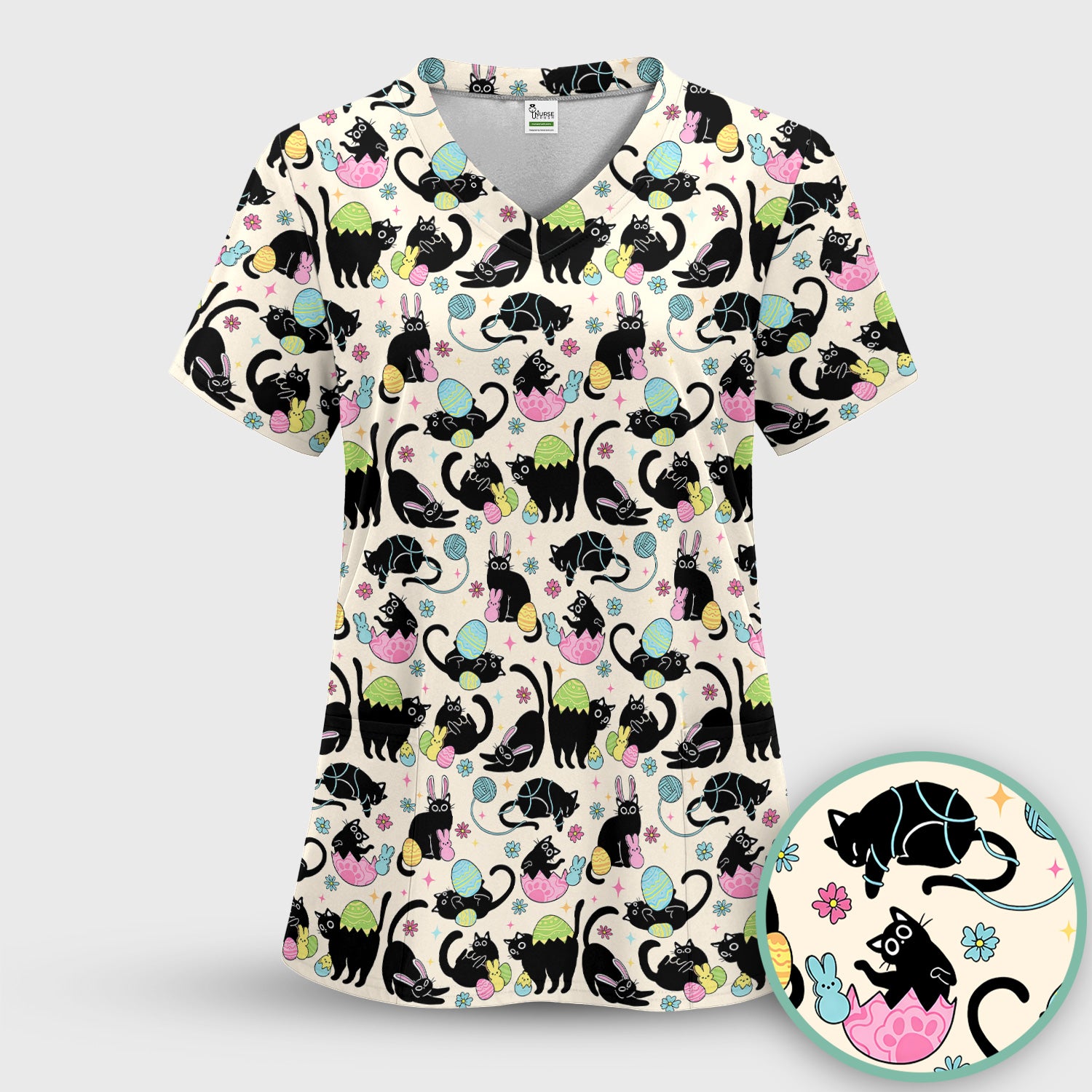 Funny Easter Black Cat Egg Pattern Scrub Top, Breathable Fabrics Nursing Uniform