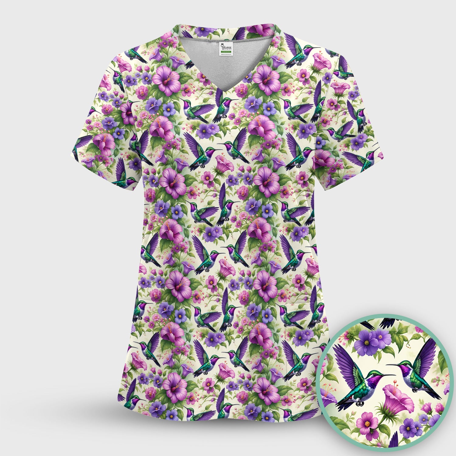 Purple Hummingbird Hibiscus Floral Pattern Scrub Top, Comfortable Scrubs for Nurses