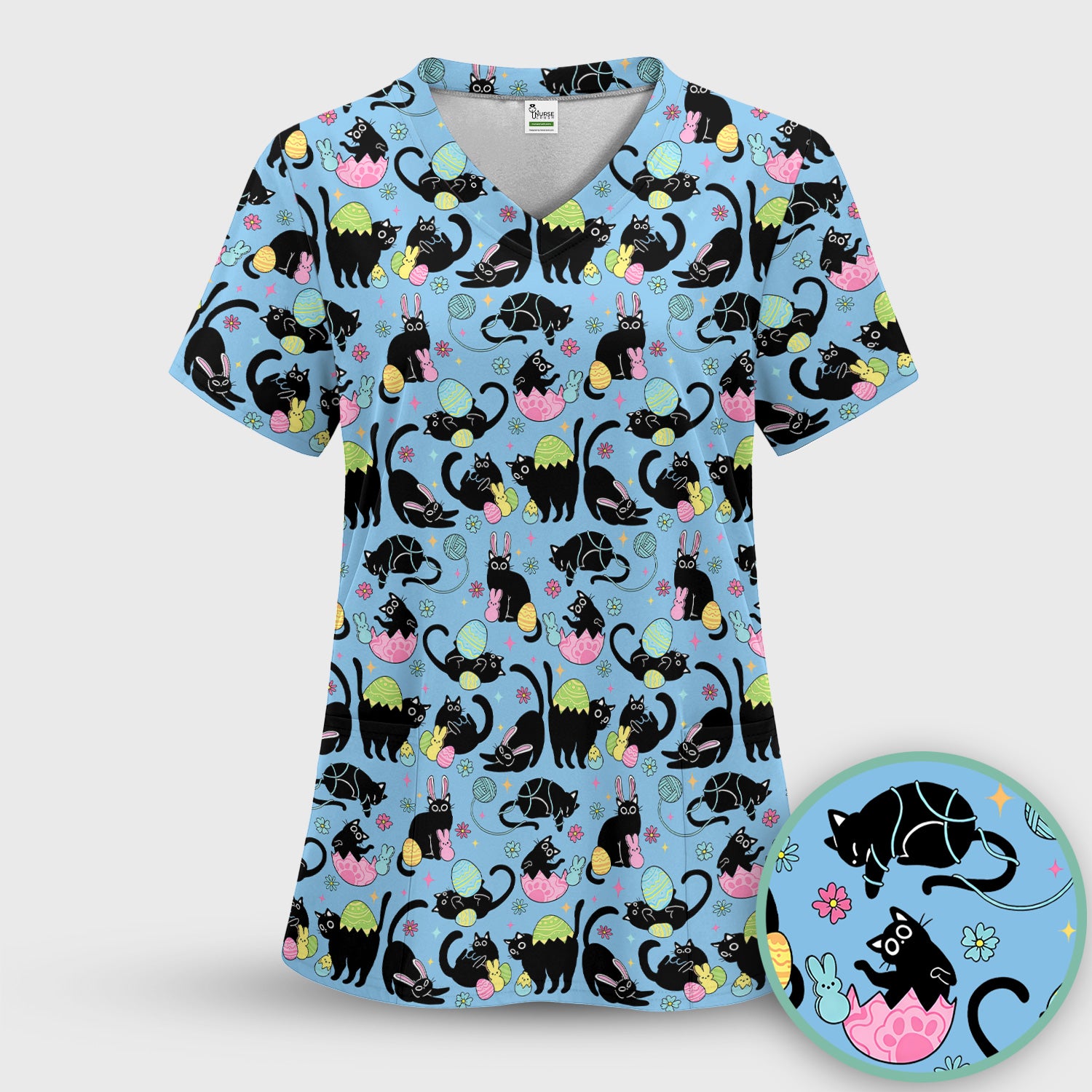 Funny Easter Black Cat Egg Pattern Scrub Top, Breathable Fabrics Nursing Uniform
