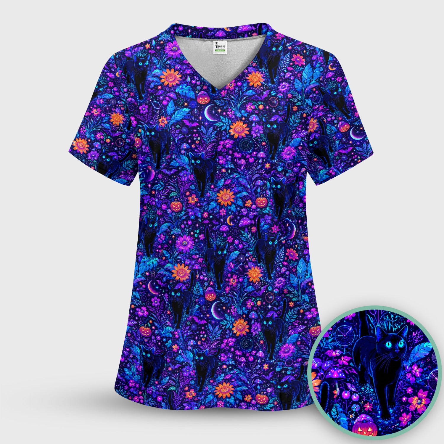 Halloween Black Cat Floral Print Scrub Top, Comfortable Scrubs for Nurses