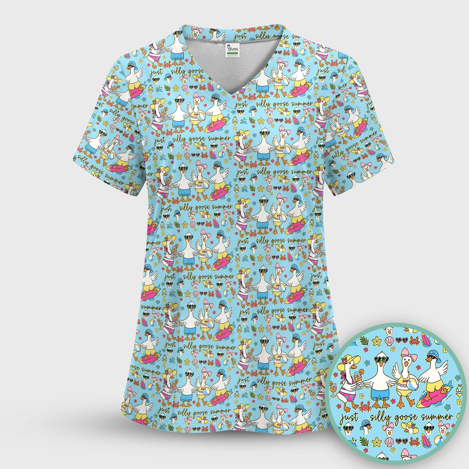 Silly Goose Summer Pattern Scrub Top, Breathable Fabrics Nursing Uniform