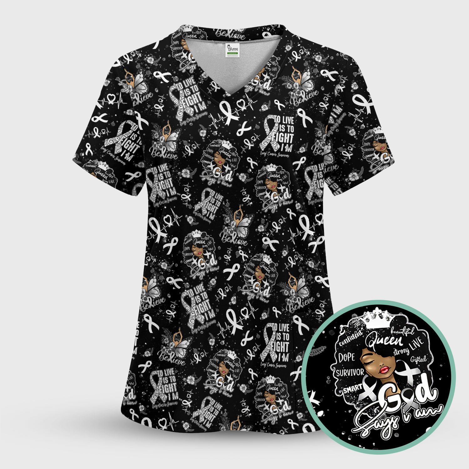 Cancer Awareness Scrub Top - Black Women Survivor Faith in God Nurse Shirt - Inspirational Gift for Fighters Supporters Caregivers